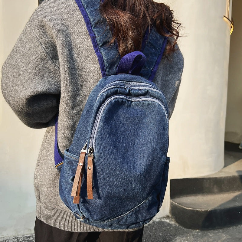 Women's & Men's Retro Denim Large Capacity Simple Camp College Student Schoolbag