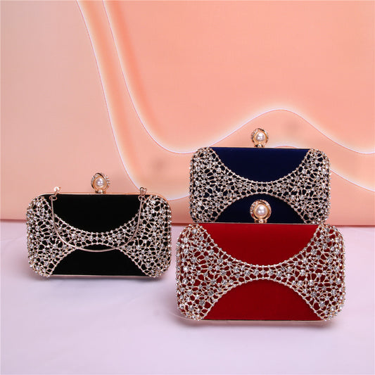 Style Noble Elegant Metal Hollow Carved Flannel Pearl Dinner Bag