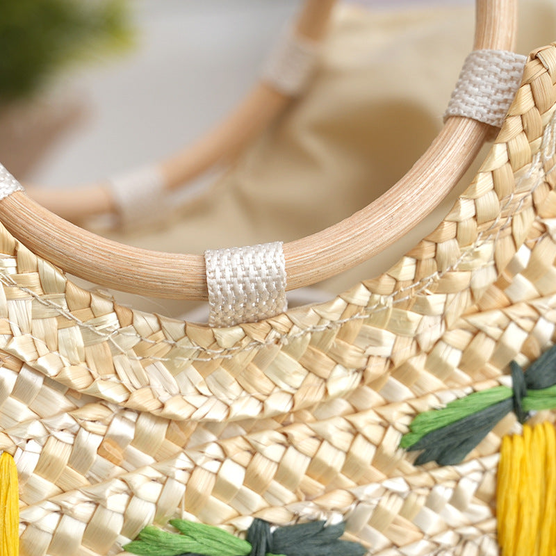 Lemon Semicircle Straw Braid Handmade Embroidery Market Vegetable Women's Shoulder Bag