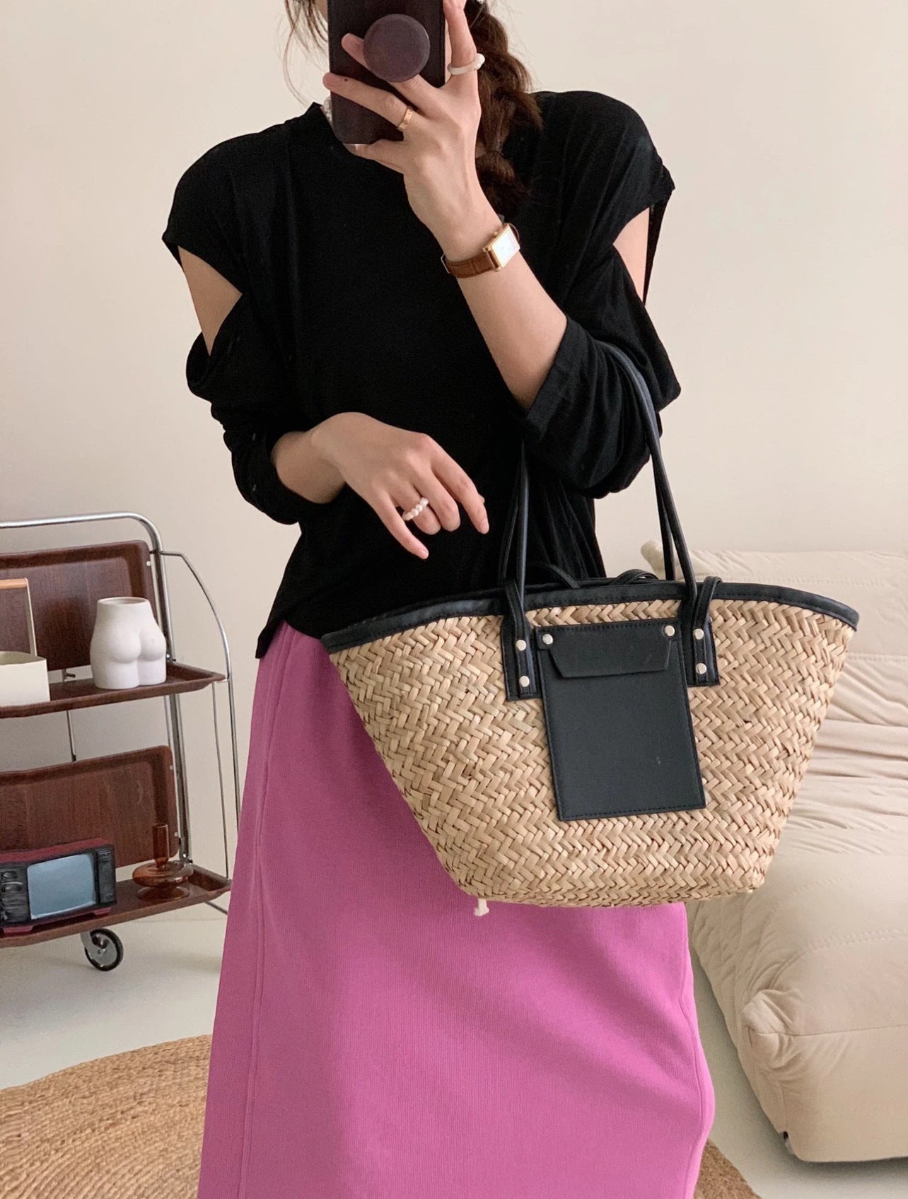Retro Straw Coffee Color Large Capacity Portable Leather Patchwork Woven Women's Messenger Bag
