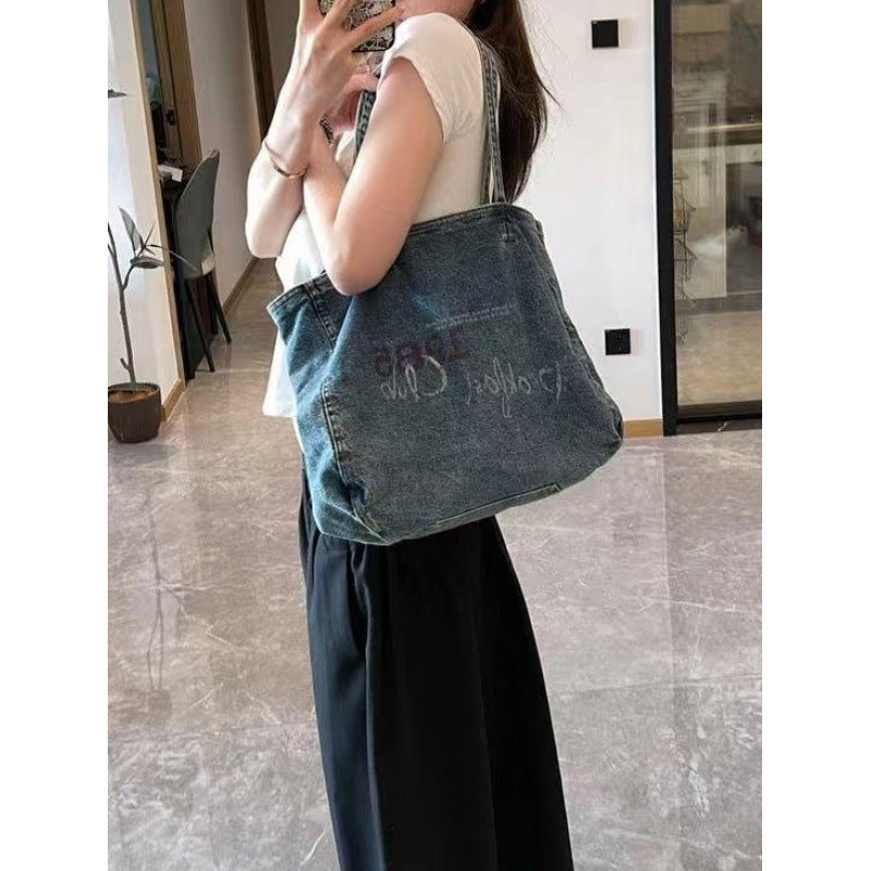 Women's Retro Washed Blue Portable Denim Korean Tote Bag