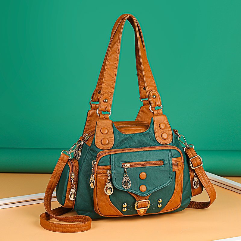 Women's Contrast Color Rivet Washed Leather Portable Soft Women's Shoulder Bag