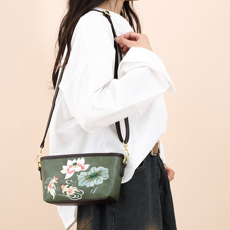 Women's National Style Light Luxury Lotus Embroidery China Women's Shoulder Bag