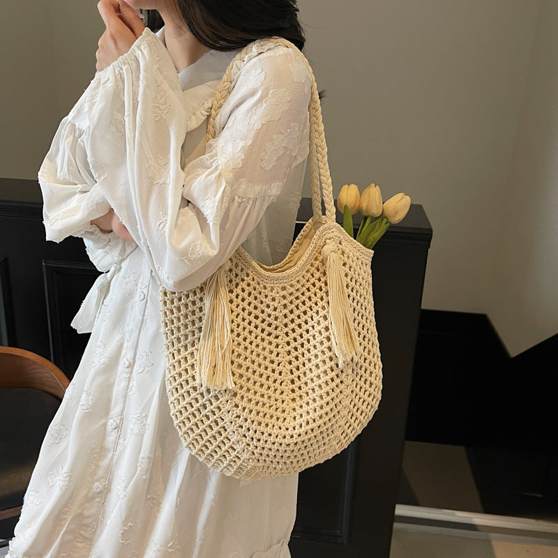 Women's Capacity Cotton Thread Weaving Hollow Beach Mori Style Idle Straw Tote Bag