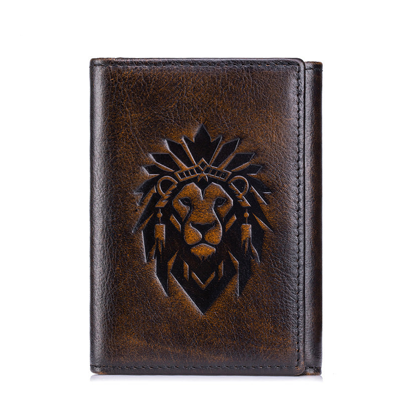 Men's First Layer Cowhide Swiping Three-fold Short Genuine Men's Wallets