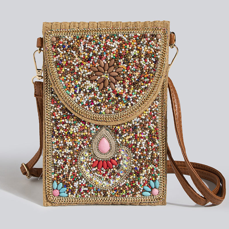 Women's Style Bead Turquoise Pattern Straw Woven Shoulder Bags
