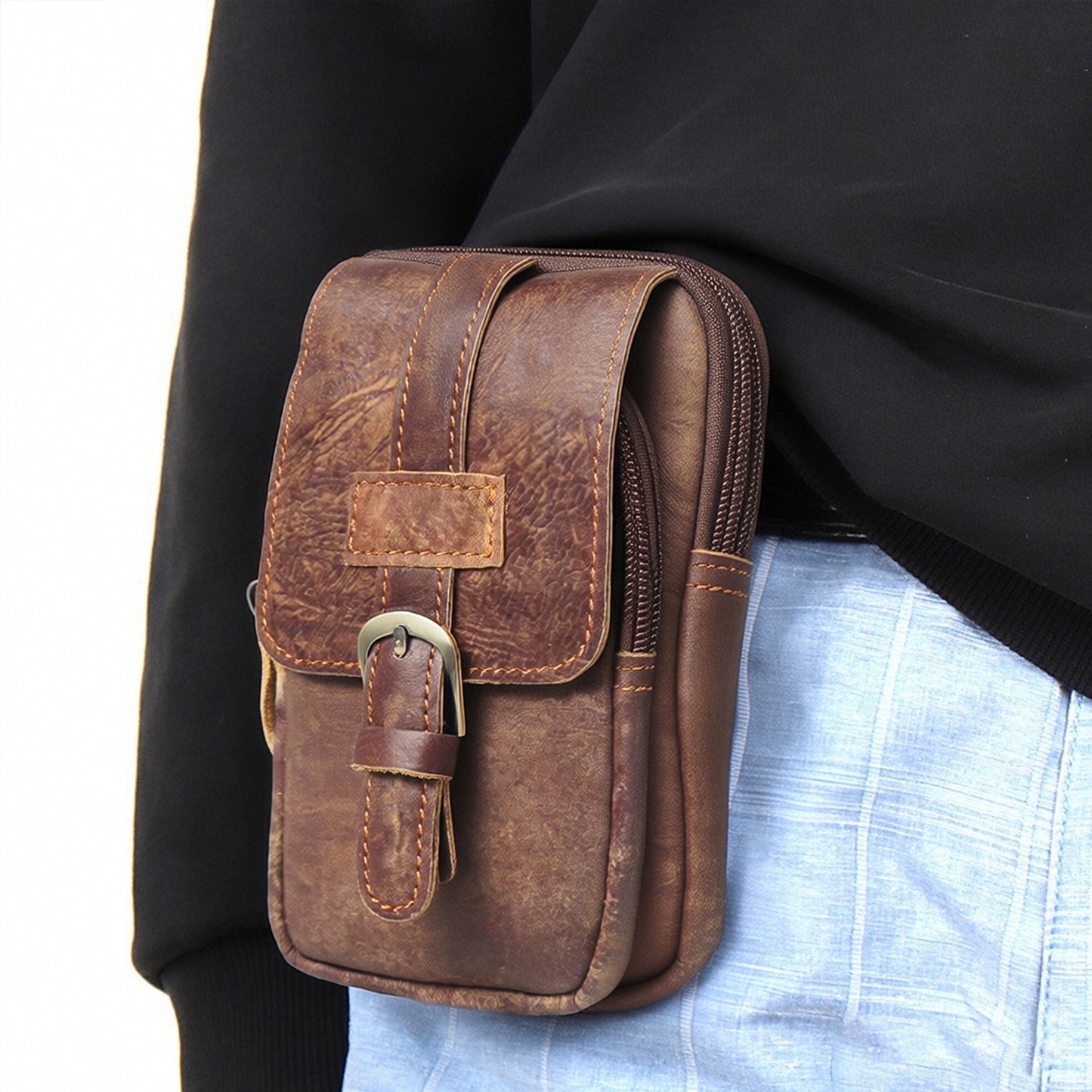 Men's Mobile Leisure Through Leather Mounted Genuine Cell Matte Men's Fanny Pack