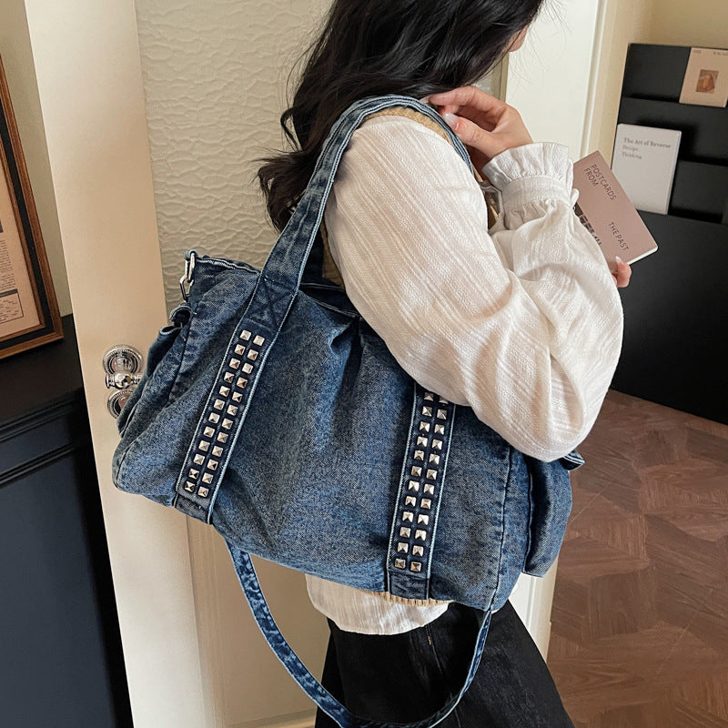 Women's Denim Punk Style Motorcycle Rivet Large Capacity Bags