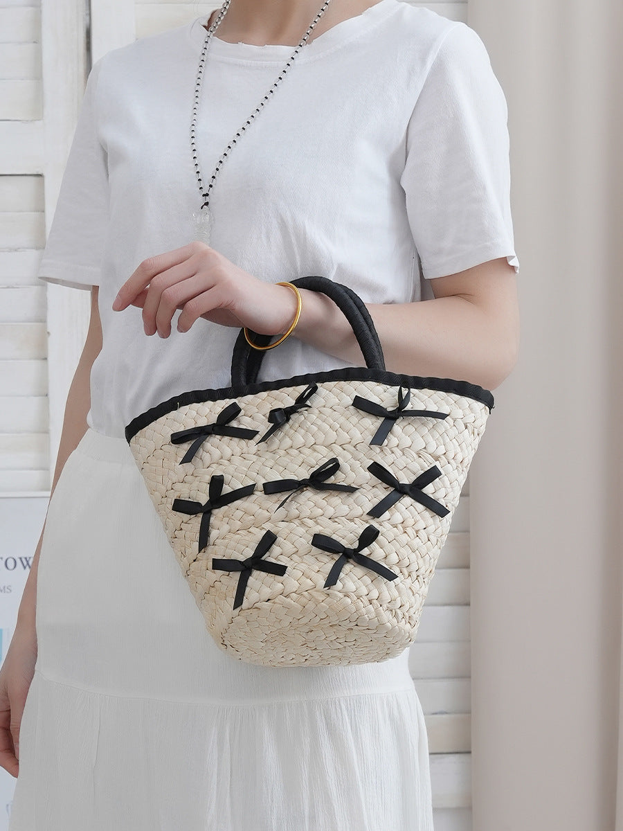 Classic Style Urban Simple Straw Bow Beach Women's Handbag