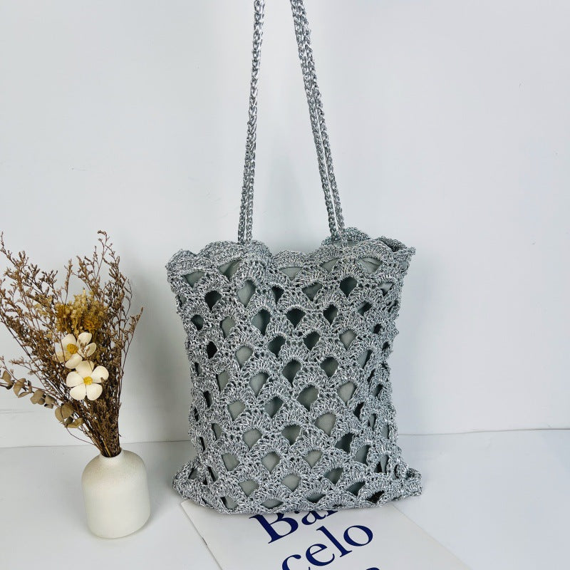 Women's Gold Sier Hollow Straw Woven Handmade Wave Pattern Women's Shoulder Bag