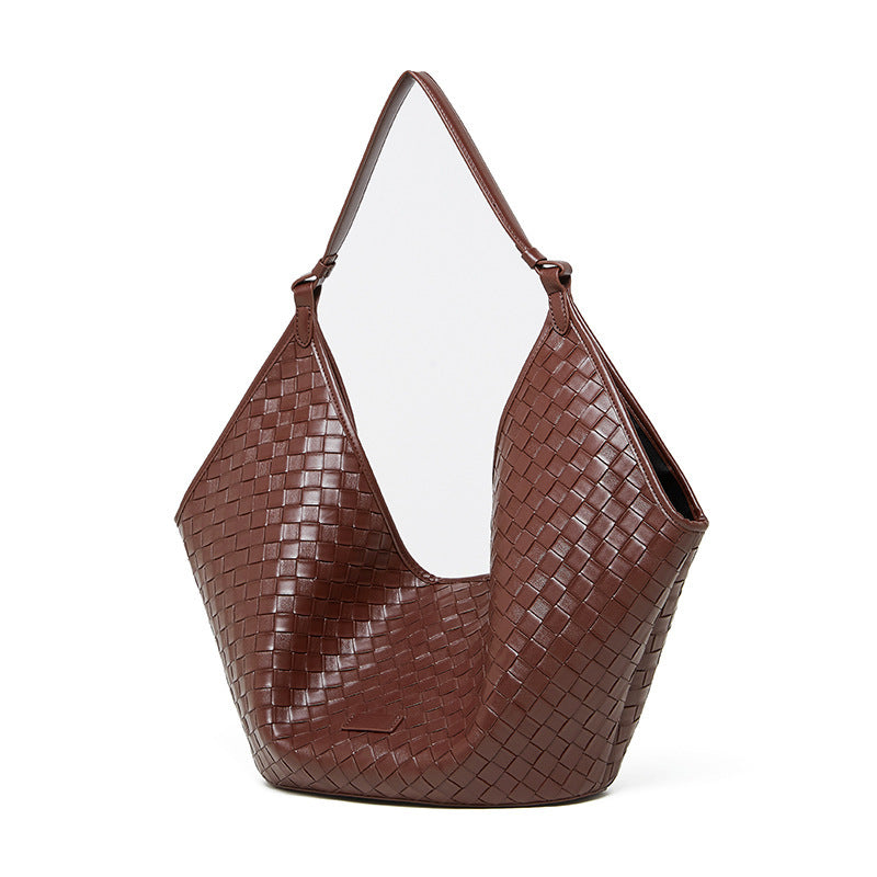 Genuine Leather Large Capacity Female Fashionable Stylish Cowhide Woven Pattern Women's Shoulder Bag