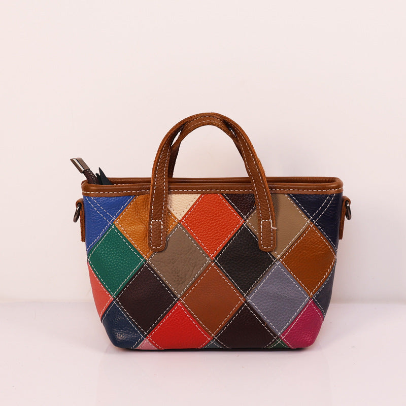 Women's First Layer Cowhide Ethnic Style Fashion Portable Stitching Women's Leather Bag