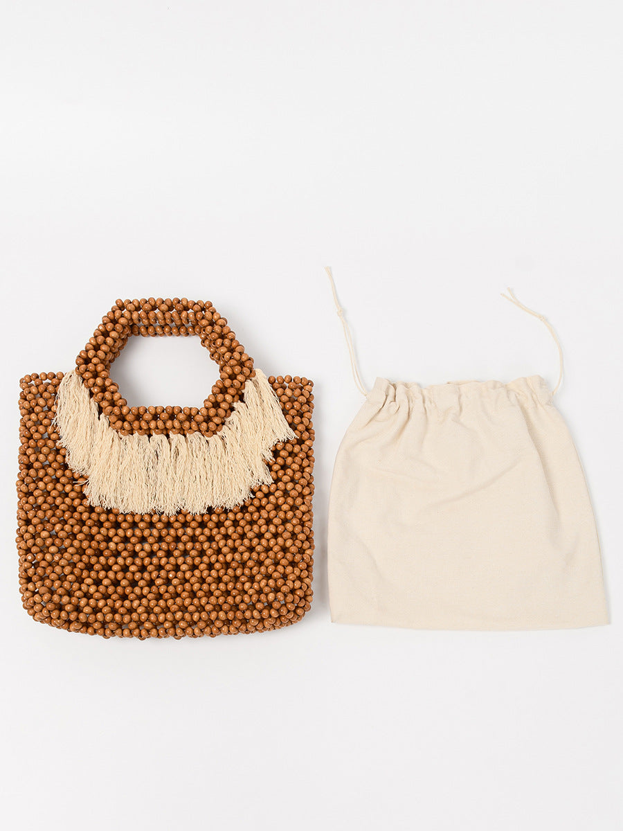Women's With Wooden Beads Decoration Ethnic Style Hand-woven Bags