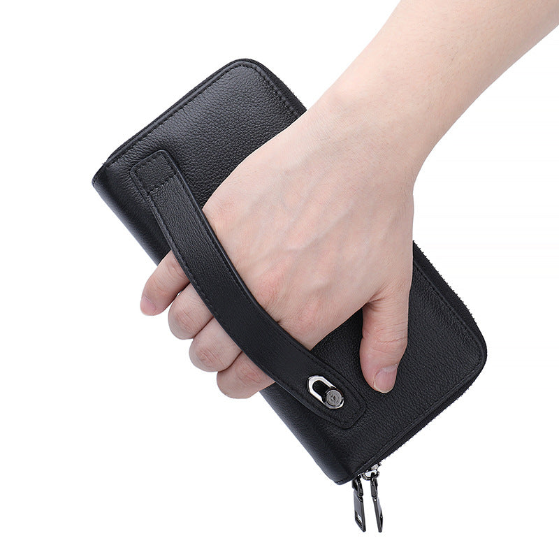 Men's Leather First Layer Cowhide Large Capacity Double Zipper Men's Wallet