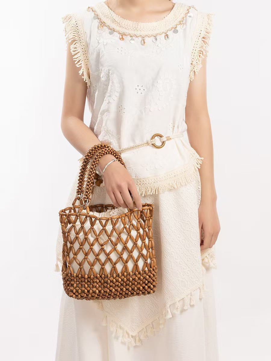 Handmade Wooden Bead Woven Hollow Retro Vacation Style Female Shoulder Bags