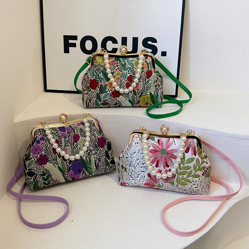 Women's Flower Embroidered Clipped Button Design Pearl Women's Messenger Bag