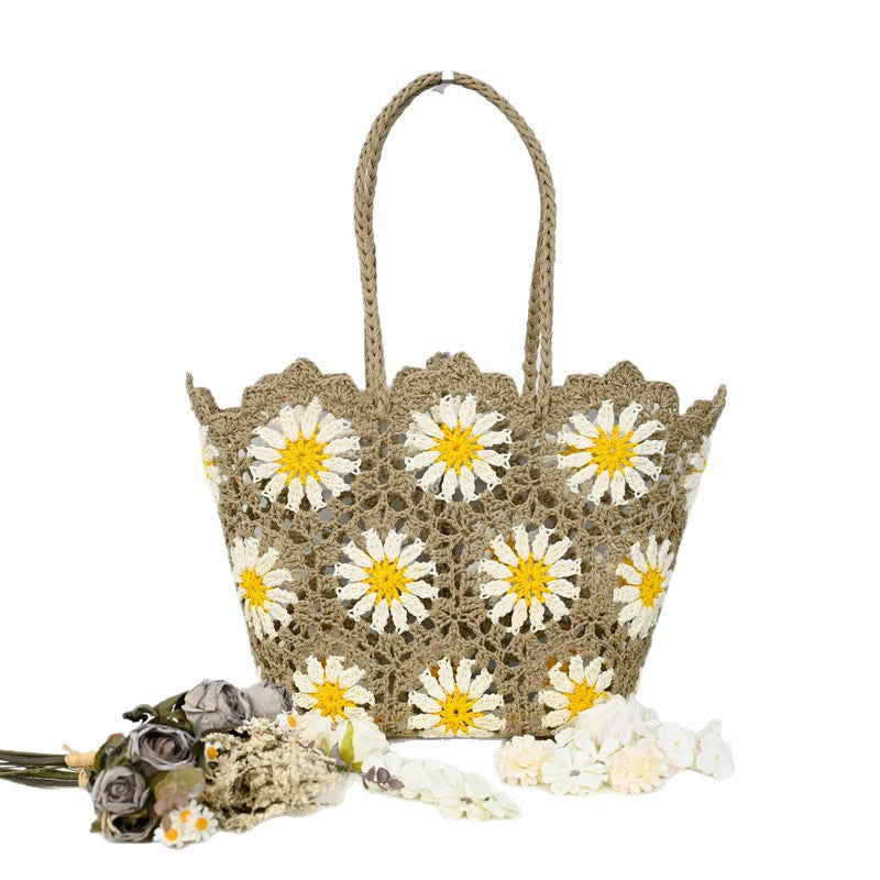 Women's Patchwork Hollow Leisure Vacation Bearded Needle Korean Tote Bags