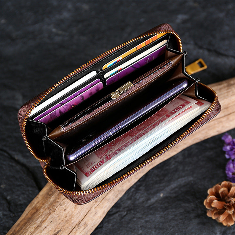 Women's & Men's Retro Carved Genuine Leather Horse Painting Long Zipper First Layer Men's Wallet