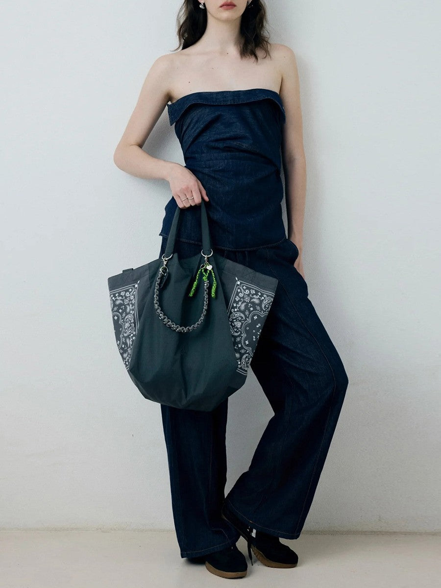 Women's Cashew Flower Embroidered Shopping Canvas Cabs Nylon Foldable Shoulder Bags