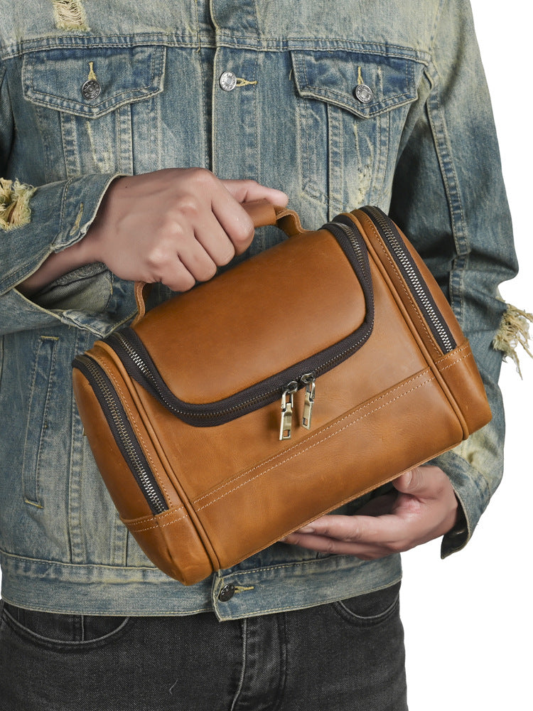 Than Crazy Horse Leather Zipper Portable Toiletry Large Capacity Trendy Bags