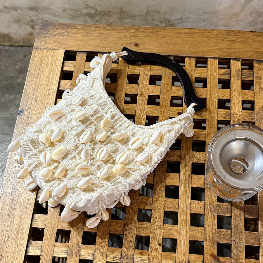French Style Classic Cloud Shell Beaded Cream Women's Handbag