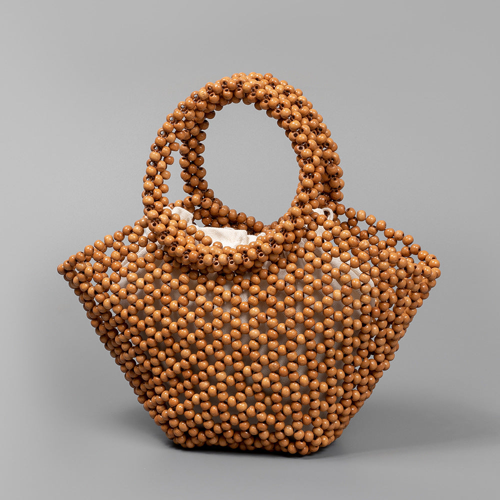 Women's Hand-woven Large Capacity With Wooden Beads Decoration Seaside Vacation Beach Handbags