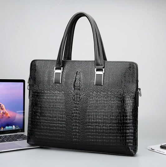 Men's Genuine Leather Double Zipper Business Crocodile Head Trendy Men's Briefcase