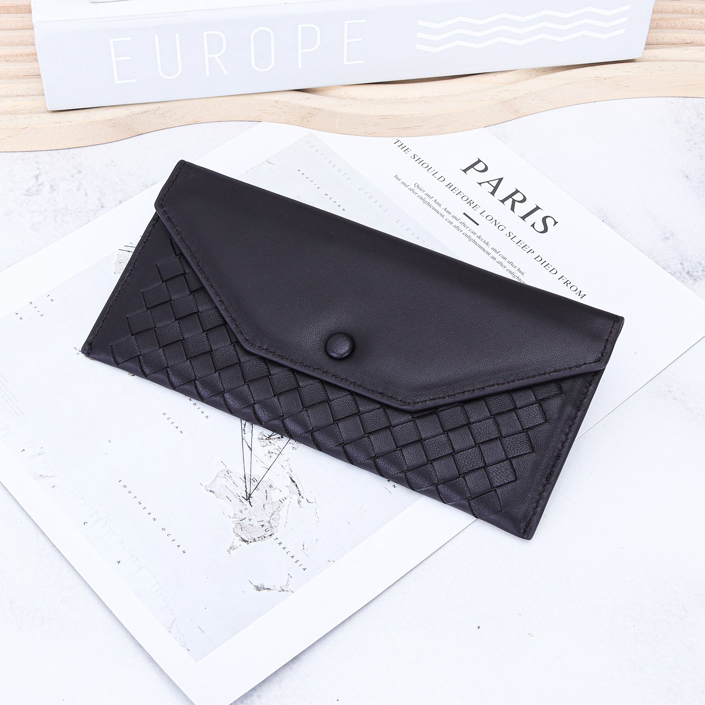Women's & Men's Sheepskin Woven Long Fashion Thin Envelope Genuine Ladies Wallet
