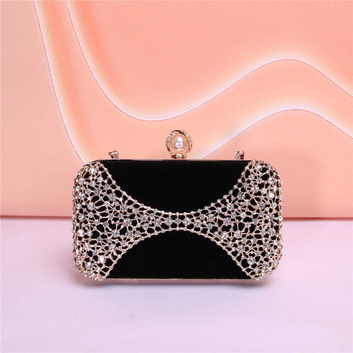 Style Noble Elegant Metal Hollow Carved Flannel Pearl Dinner Bag