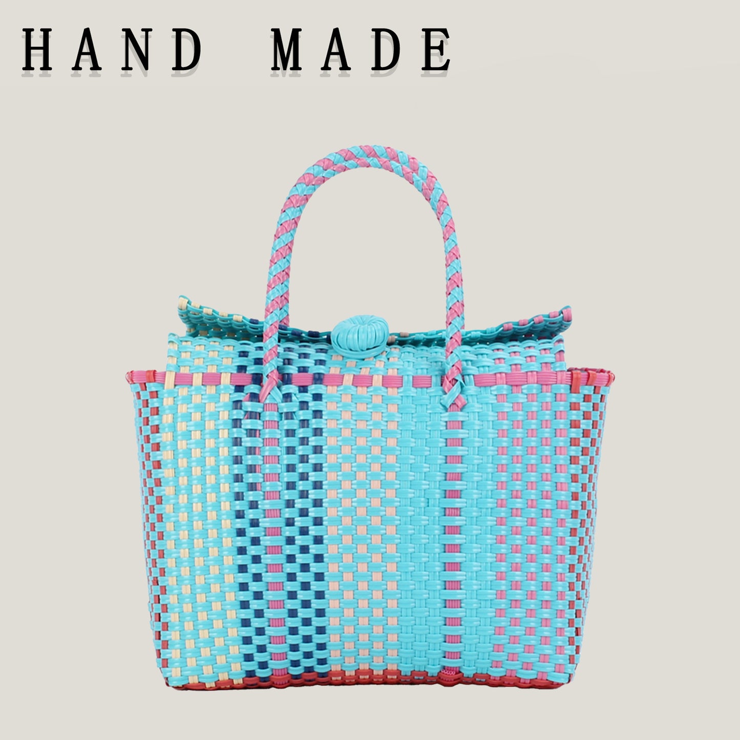 Women's Fresh Contrast Color Hand-woven Plastic Basket Beach Vacation Picnic Hand Bags