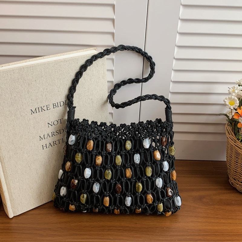 Style Fresh Woven Beaded Contrast Color Large Capacity Advanced Mesh Bags
