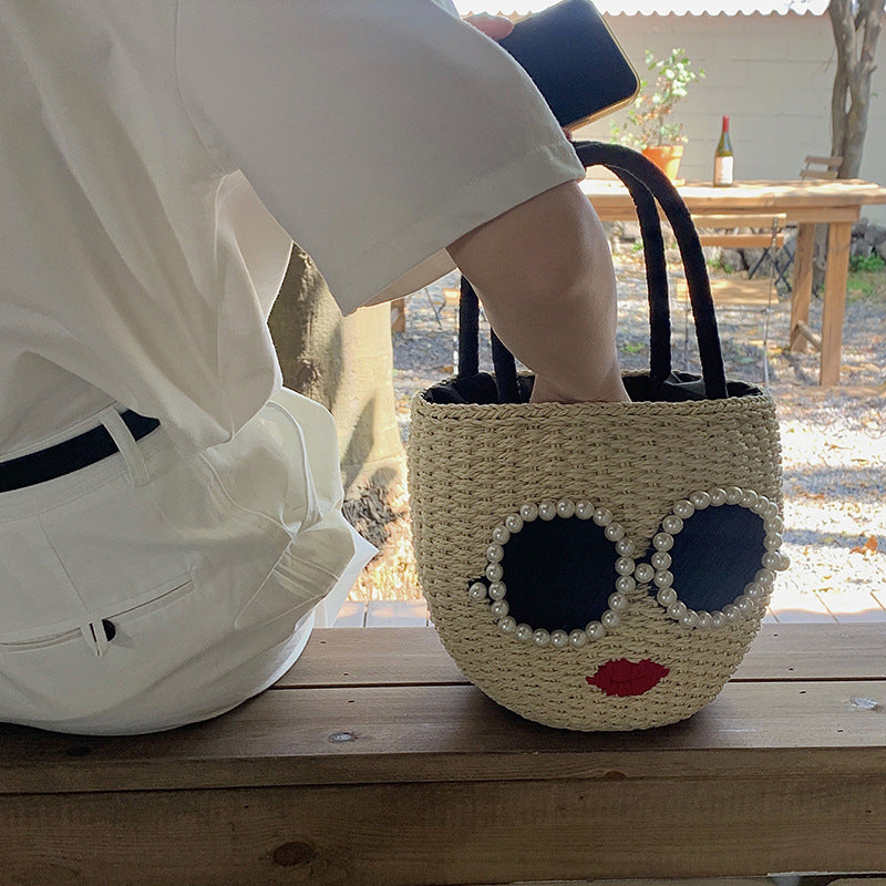 Red Lips Straw Fashion Rattan Hand Cute Cartoon Style Water Women's Handbag