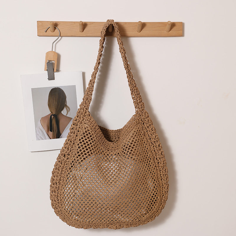 Women's Large Capacity Straw Hollow Solid Color Woven Seaside Vacation Style Women's Shoulder Bag