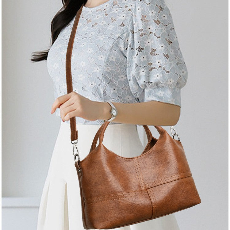 Women's Retro Soft Leather Fashion Stitching Large Tote Bag