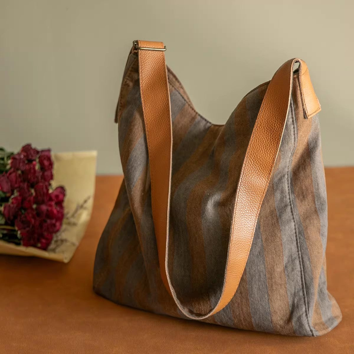 Fried Color Striped Canvas Soft Leather Adjustable Bags