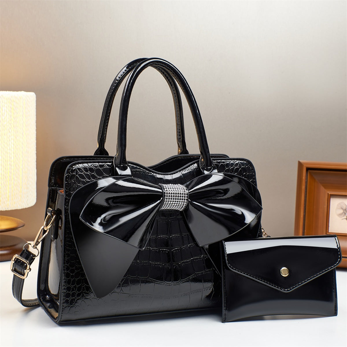 Fashion Crocodile Pattern Bow Patent Leather Bucket Bags