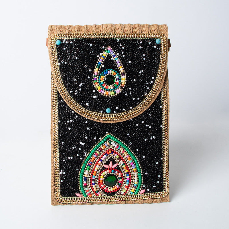 Women's Style Bead Turquoise Pattern Straw Woven Shoulder Bags