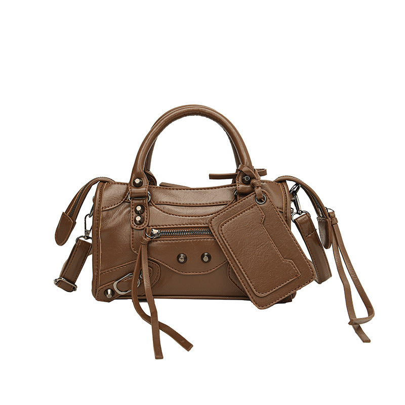 Women's Rivet Oil Leather Motorcycle Fashion Trendy Small Square Bag