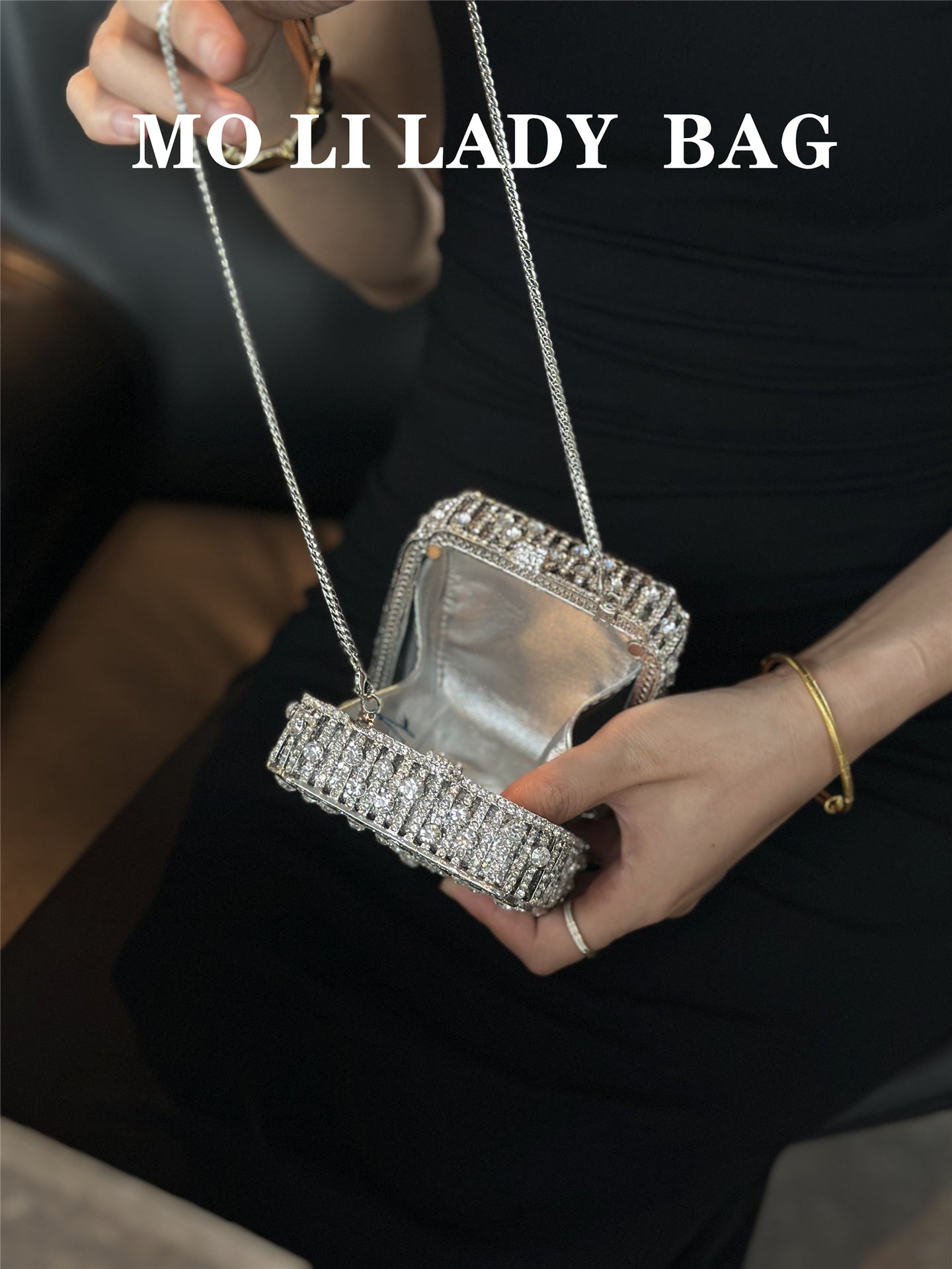 Dress Dinner Shiny Diamond Golden Bell Box Mini Women's Shoulder Bag