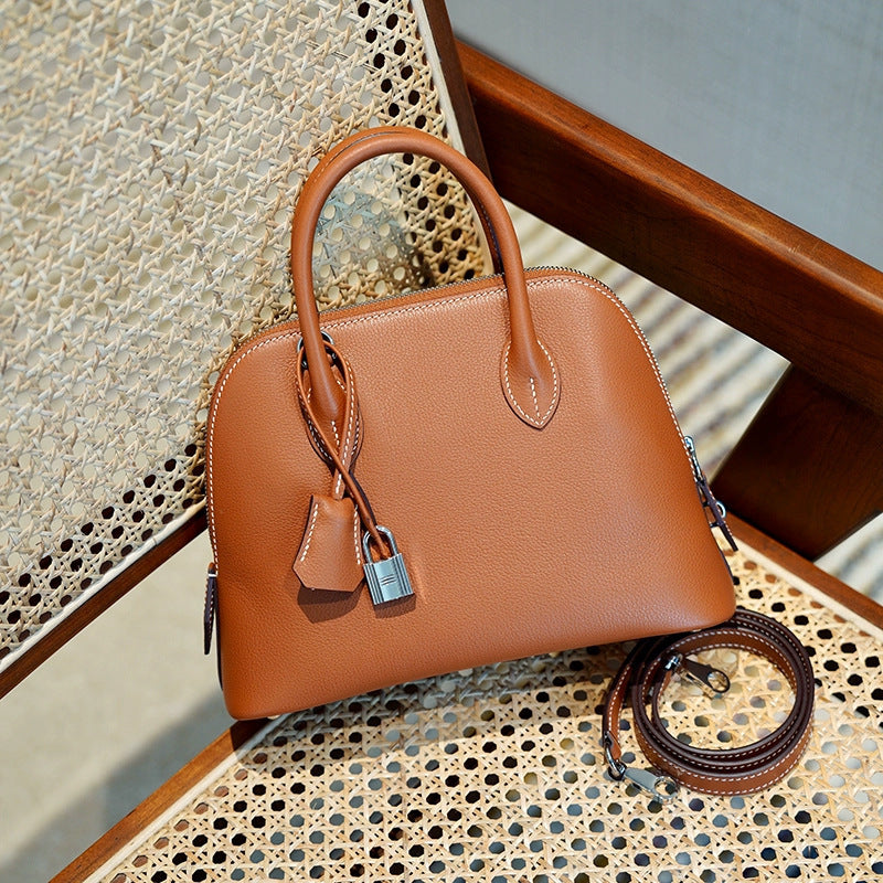 Women's First Layer Cowhide Portable High Sense Design Shell Simple Bowling Women's Handbag