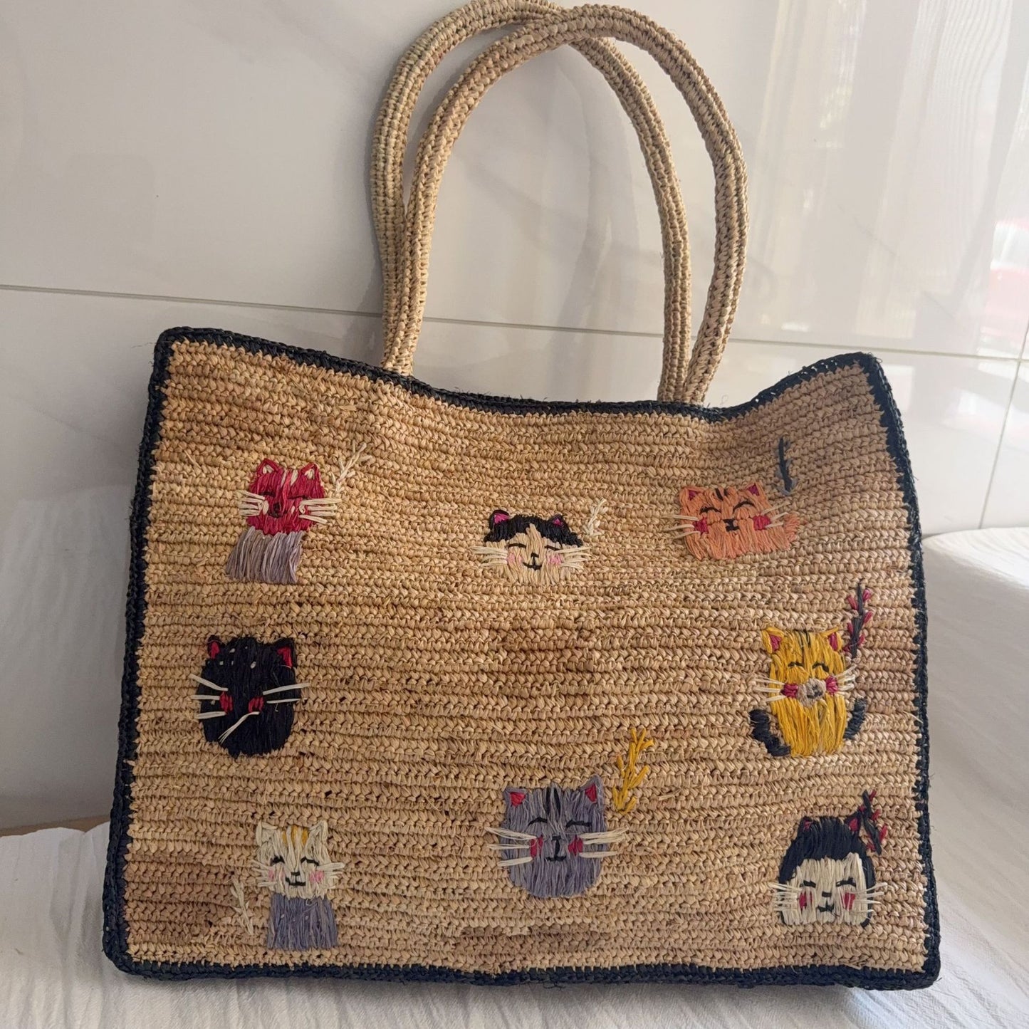 Raffia Woven Handmade Embroidered Cute Animal Women's Handbag