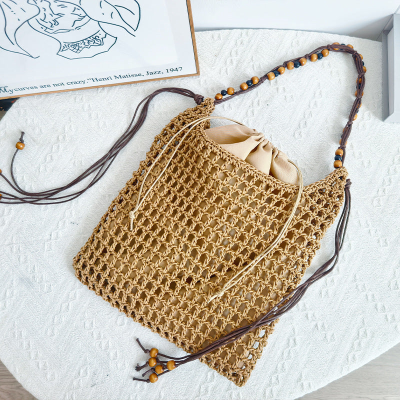 Design Net Weaving Hollow Wooden Bead Vacation Bags