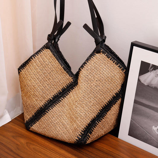 Women's Striped Straw Hand-woven Large Capacity Vacation Tote Bag