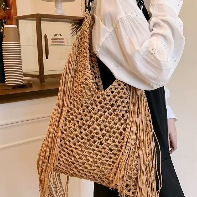 Women's Long Fringe Single Cotton Thread Woven Big Triangle Hollow Straw Women's Shoulder Bag
