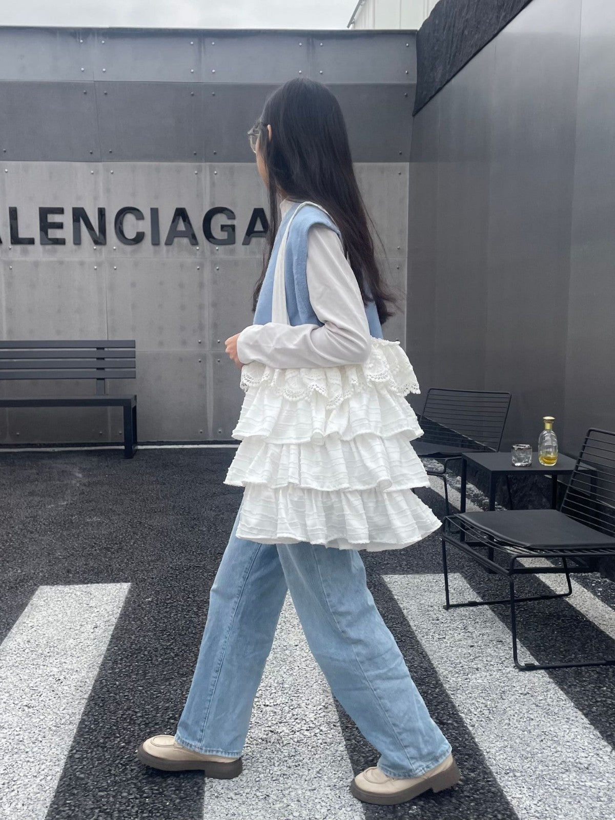 Simple Skirt Shape Hollow Lace Layered Canvas Large Shoulder Bags