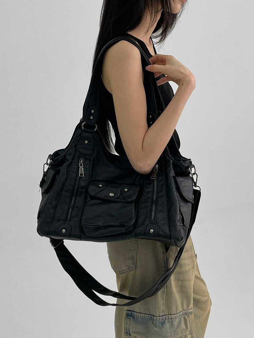 Women's Retro Washed Hot Motorcycle Large Capacity Women's Handbag