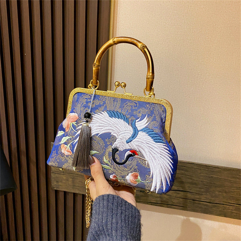 Crane Embroidery Jacquard Clutch Vintage Handmade Chinese Women's Handbag