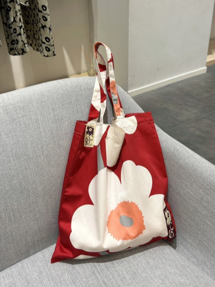Women's White Big Flower Nordic Style Cotton Week Commemorative Leisure Shoulder Bags