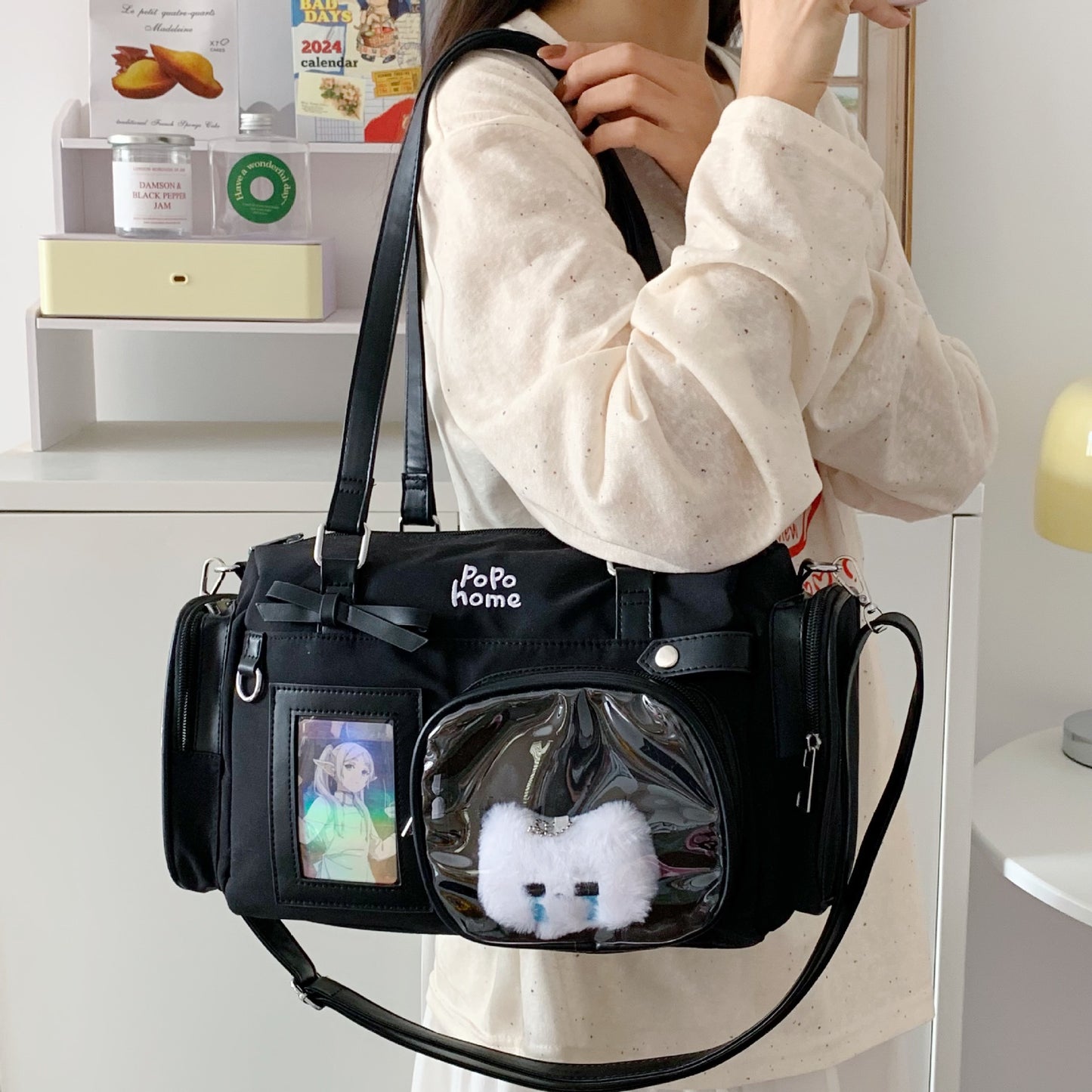 Women's Cute Fat Cat Cartoon Stone Commuter Large Women's Shoulder Bag