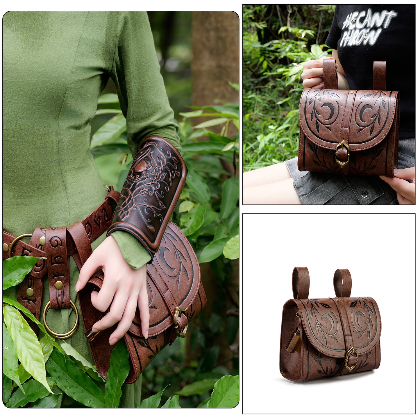 Fantasy Style Carved Leather Crescent Rattan Leaf Retro Decoration Equipment Women's Chest Bag, Fanny Pack